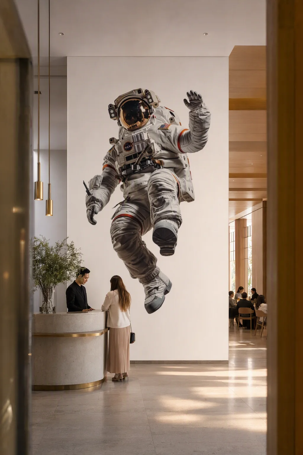 Astronaut wall artwork in a school reception interior.