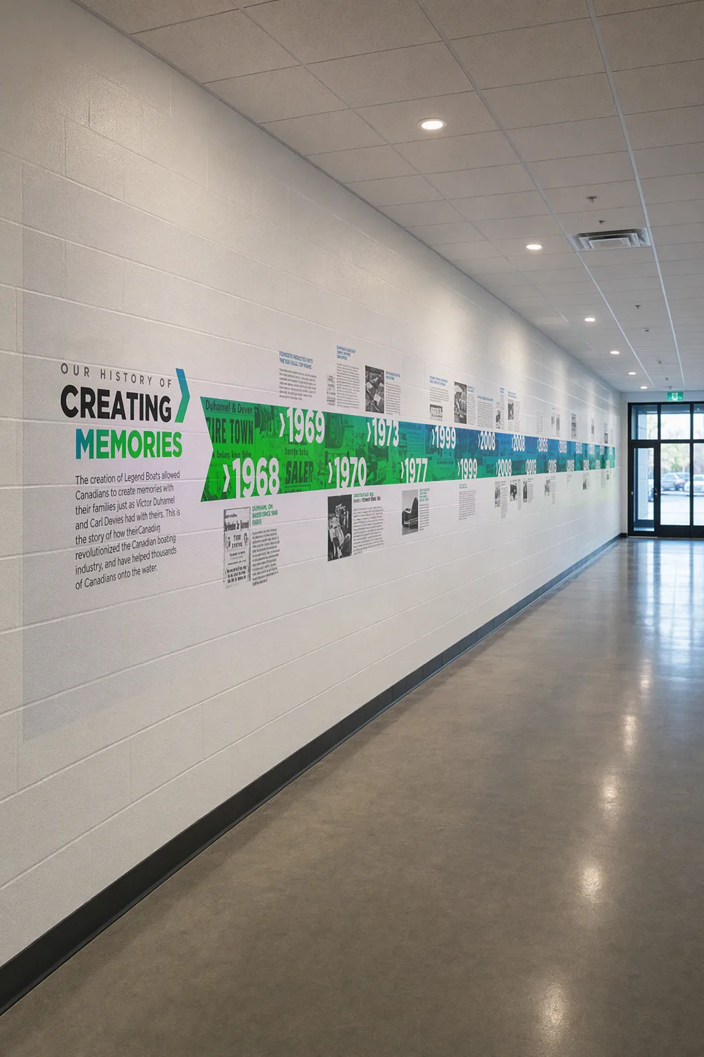 School entrance featuring a large identity wall.