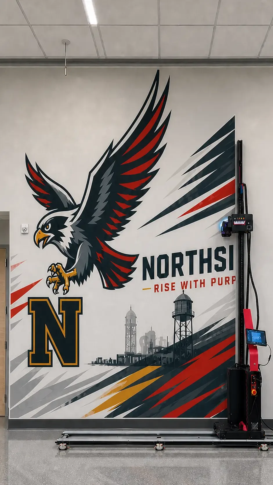 Direct wall printer beside a finished Northside school identity wall.