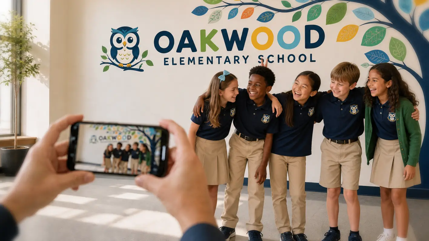 Students posing beneath an Oakwood Elementary School wall image while a photo is taken.